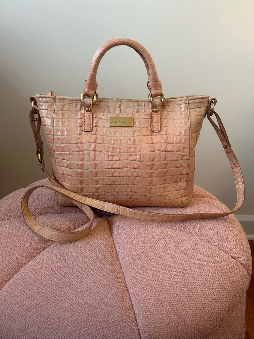 Brahmin Blush/Peach Croc-Embossed Leather Shoulder Satchel with Removable Strap
